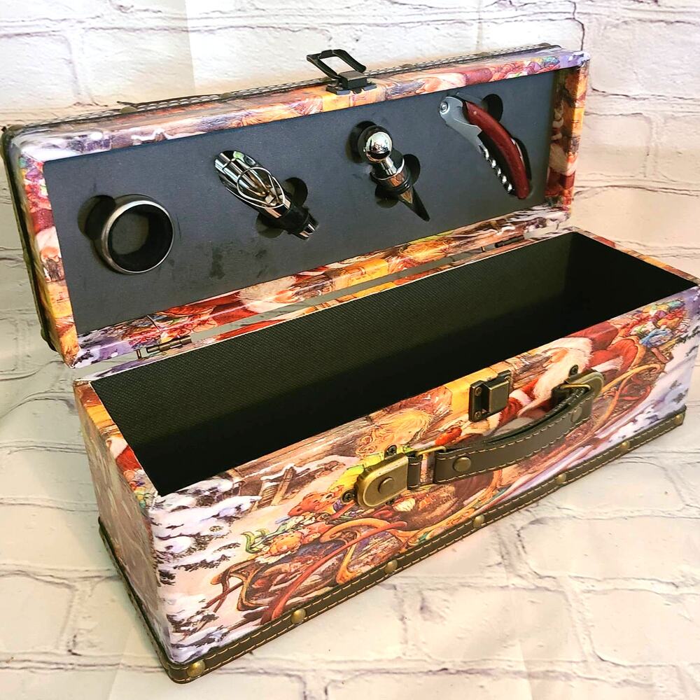 Santa Clause Sleigh Faux Leather Wine Bottle Gift Box Corkscrew and Accessories